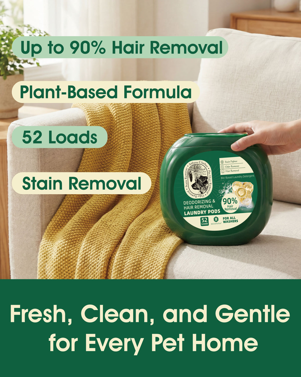 NEW! Pet Hair Removal Laundry Pods – Plant-Based Detergent Pods for Pet Owners, Removes Dog & Cat Hair, Odor and Stains, 52 Loads