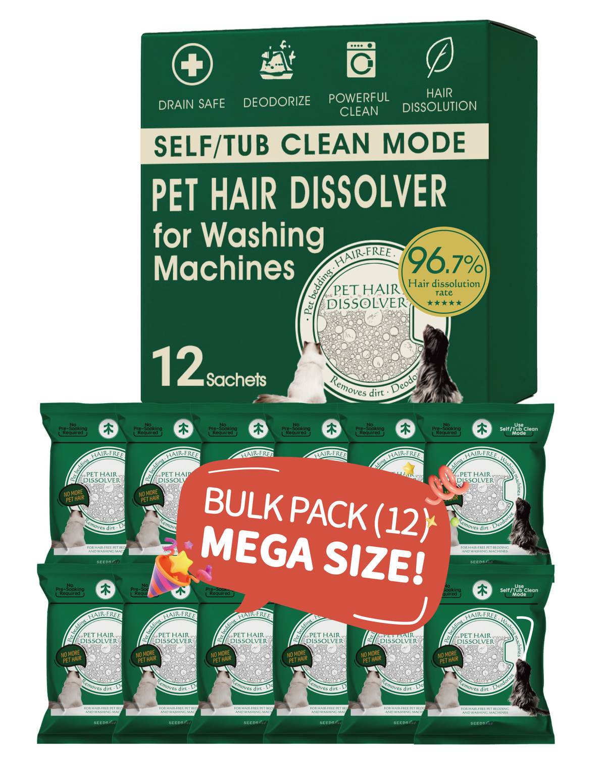 Up to 30% Pet Hair Dissolver for Washing Machine Pack of 12, Pet Hair Remover for Laundry , 96.7% Dissolution Rate, Dog&Cat Hair Remover