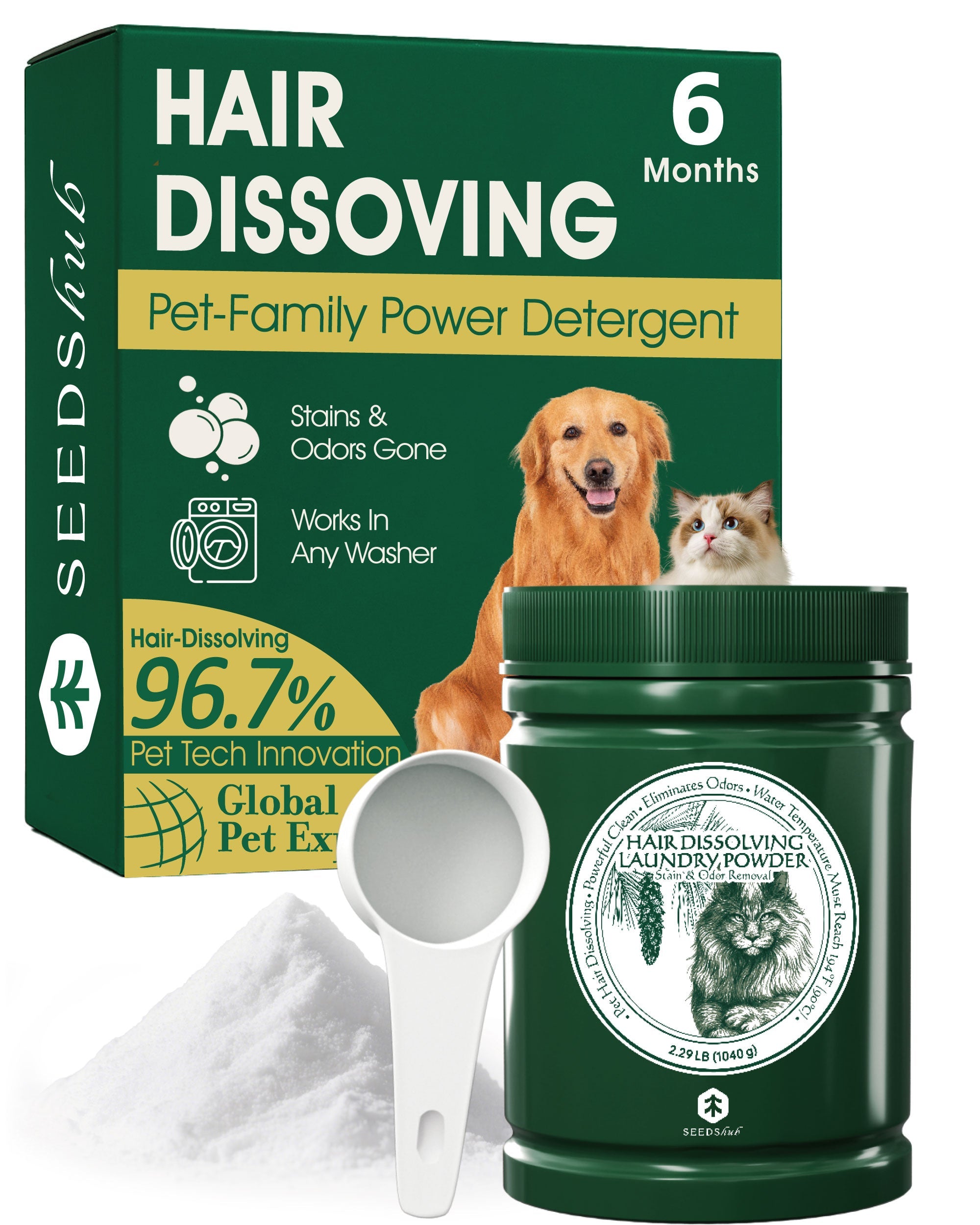 Seedshub Pet Hair Remover for Laundry Powder- Dog & Cat, 96.7% Hair Dissolution, Detergent + Stain Remover Seedshub