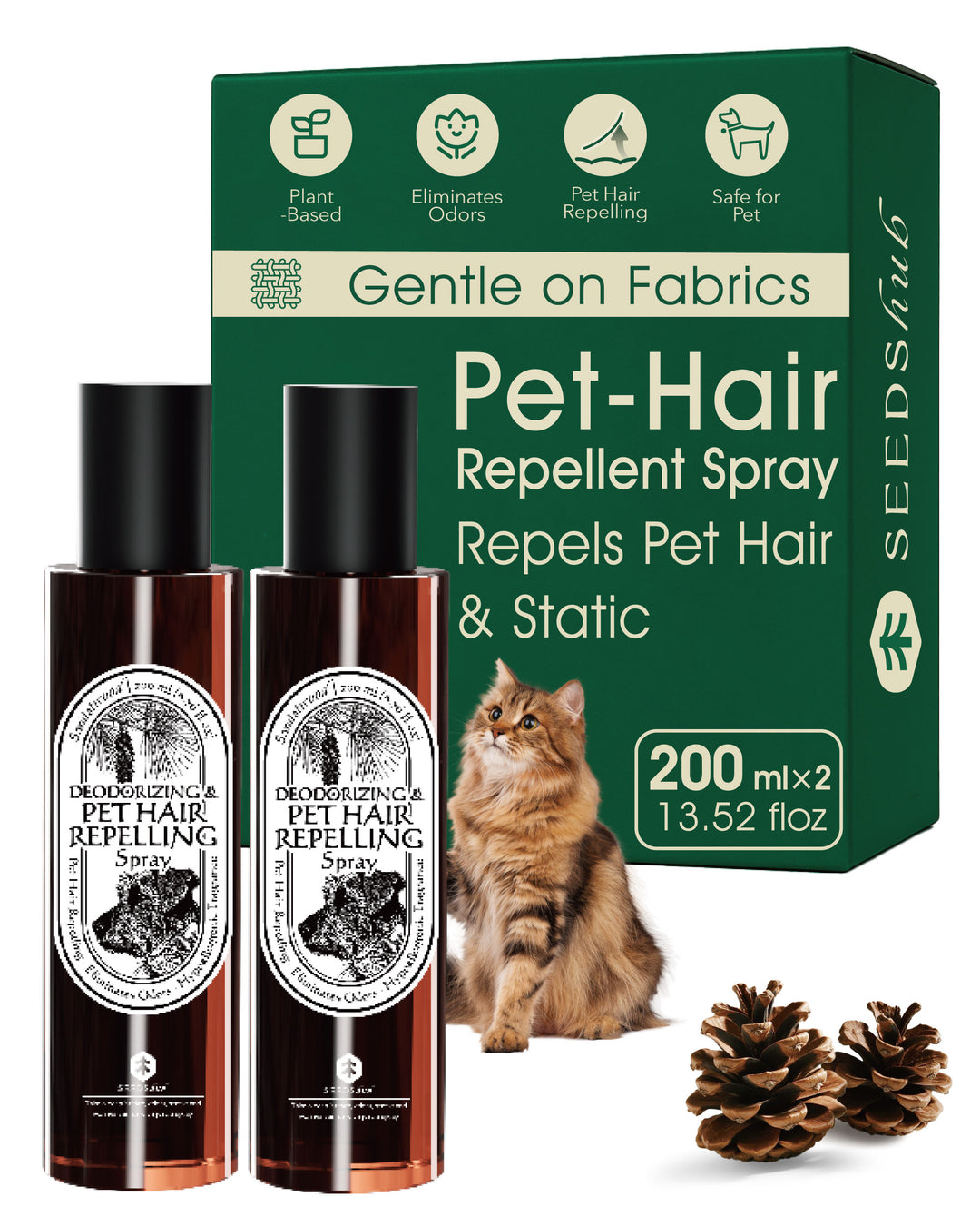 Up to 30% 4-in-1 Pet Hair Remover & Odor Neutralizer Spray, Anti Static Wrinkle Release, Plant Based Enzymes, Safe for Pets, Fabrics & Furniture, Refresh Pine Nut Scent, 6.76 fl oz, 2 Travel Pack