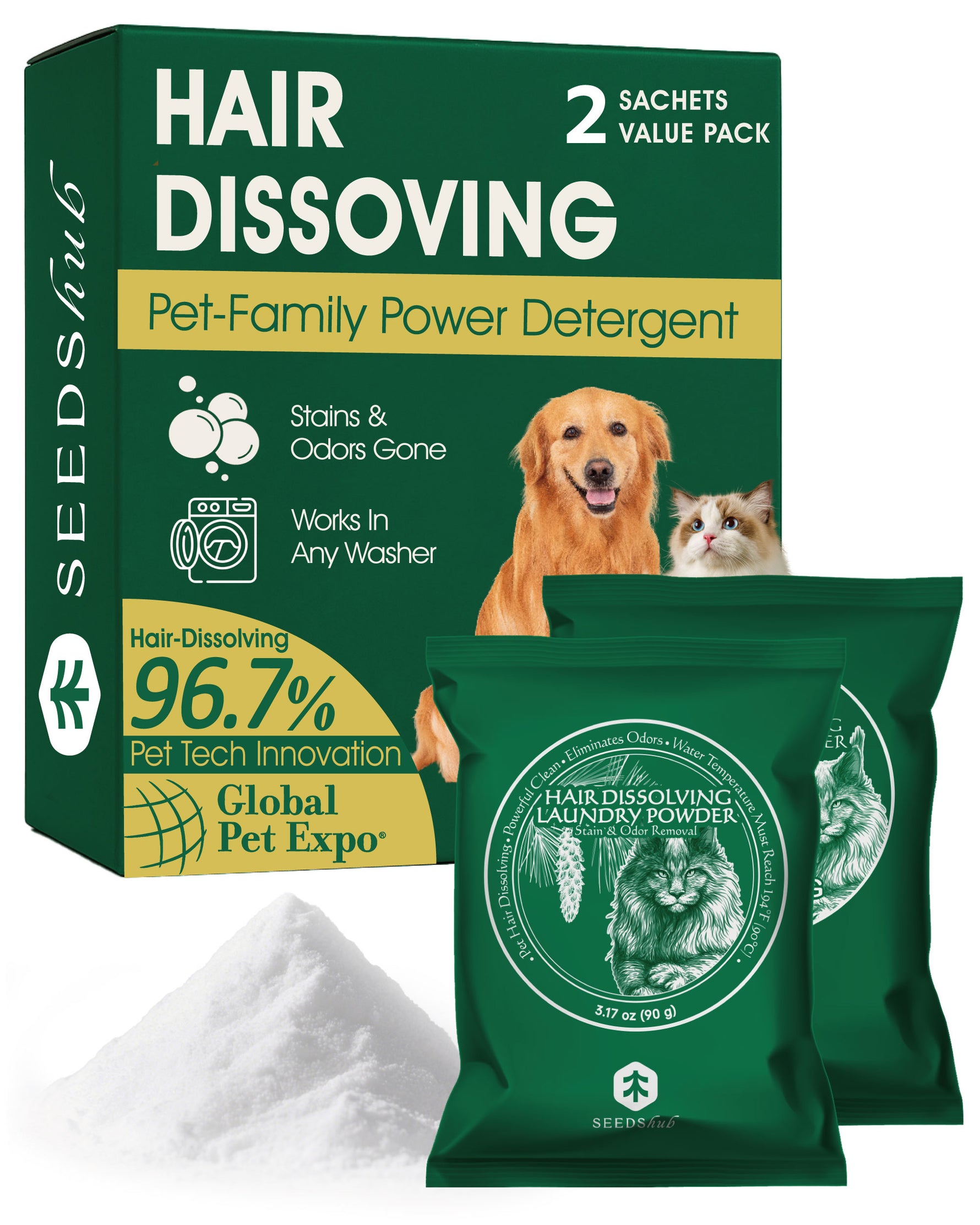 Up to 30% PET HAIR DISSOLVING LAUNDRY POWDER 2 Sachets Dog & Cat, 96.7% Hair Dissolution, Detergent + Stain Remover, 6-Month Supply