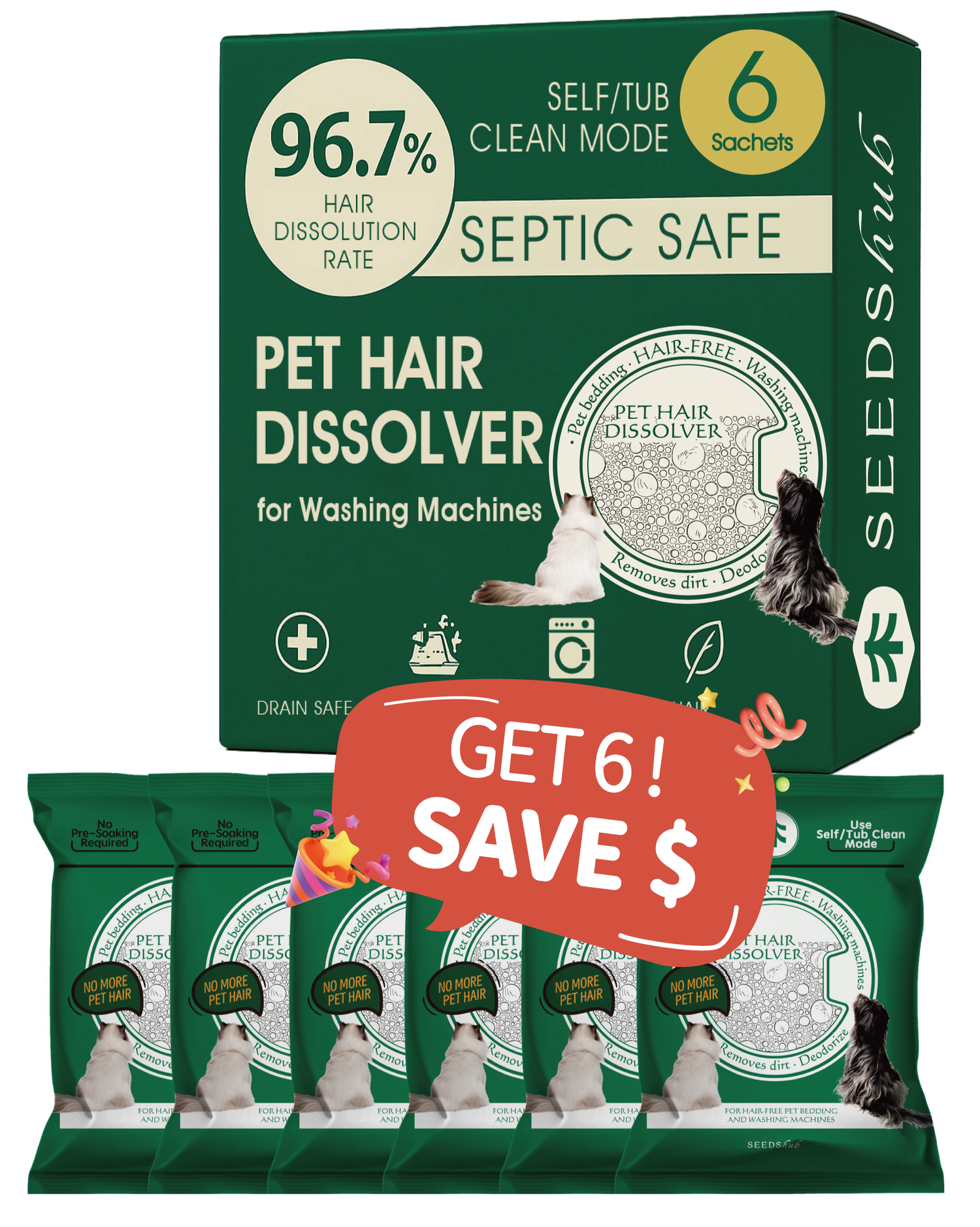Up to 30% Pet Hair Dissolver for Washing Machine Pack of 6, Pet Hair Remover for Laundry , 96.7% Dissolution Rate, Dog&Cat Hair Remover