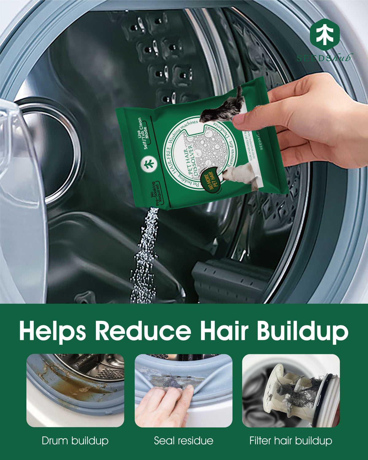 Seedshub Pet Hair Dissolver for Washing Machines – Deep Cleaner Powder to Remove Pet Hair Buildup, Odor & Residue from Washer Drum, Seal & Filter