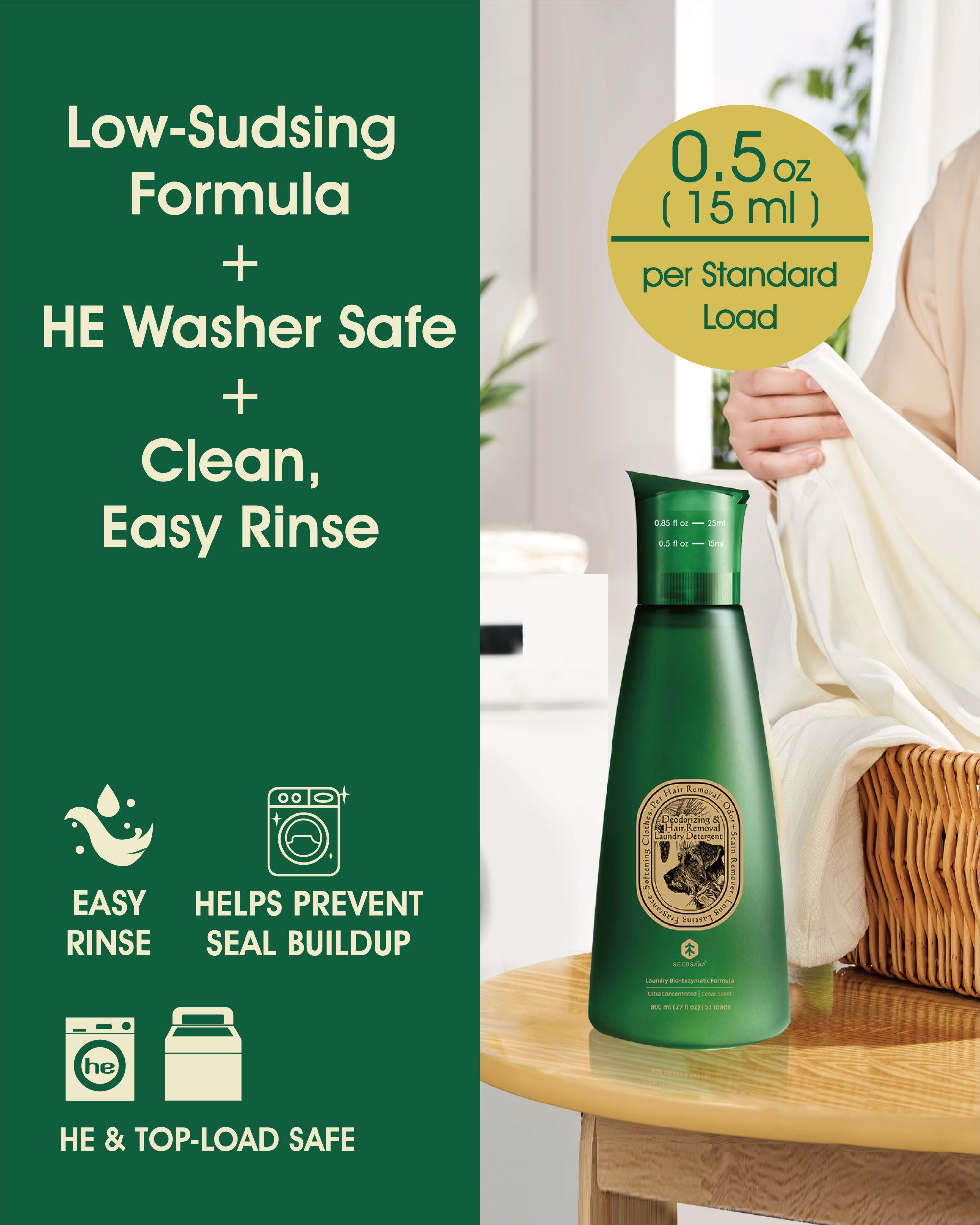 Pet Hair Remover for Laundry, 6x CONCENTRATED FORMULA FOR PET LAUNDRY, 6-in-1 Dog Laundry Detergent Concentrate (Non-Dissolving), Repels Up to 90% Fur, Odor & Stain Remover, Cedar Scent, 27 fl oz, 53 Loads