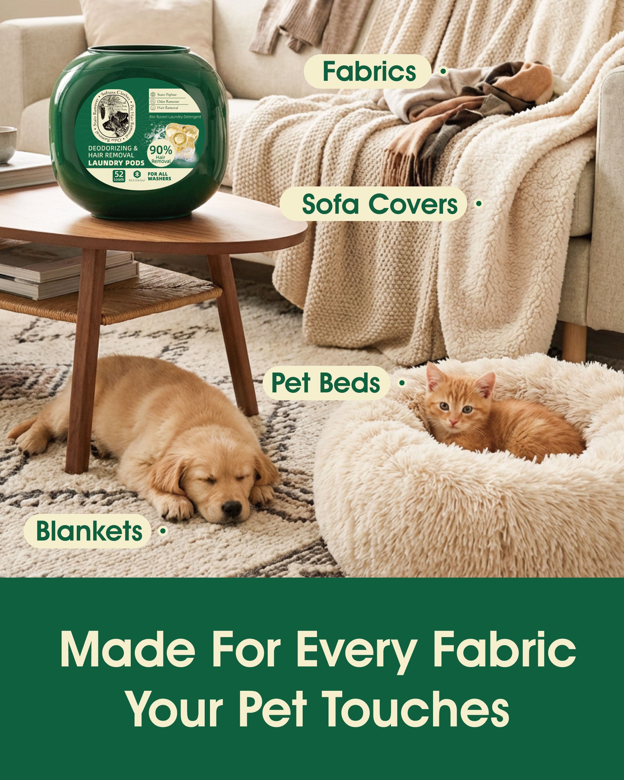 NEW! Pet Hair Removal Laundry Pods – Plant-Based Detergent Pods for Pet Owners, Removes Dog & Cat Hair, Odor and Stains, 52 Loads